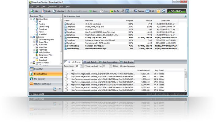DownloadStudio. Award-winning download manager. Allows you to create as many downloads as you like. Downloads are automatically queued and managed. Easy-to-read, detailed information is displayed about all downloads.