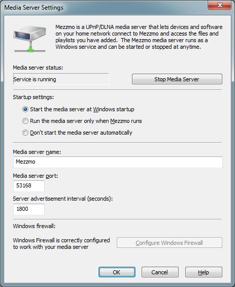 Media Server Settings dialog lets you configure your Mezzmo media server so it works perfectly on your home network