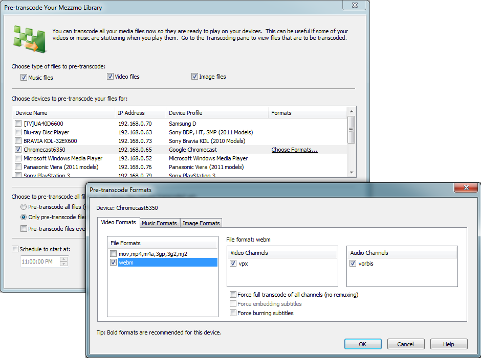 Pre-transcode Files dialog lets you transcode your files before streaming them to your DLNA devices
